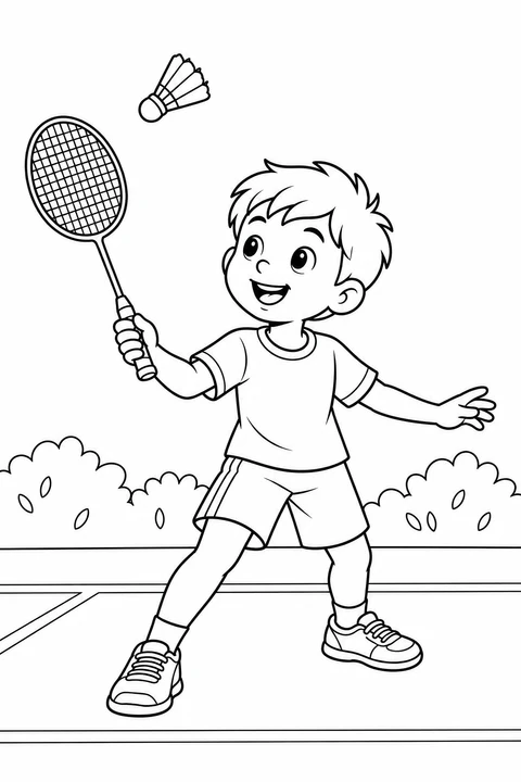 A cheerful child practices badminton on a simple outdoor court.