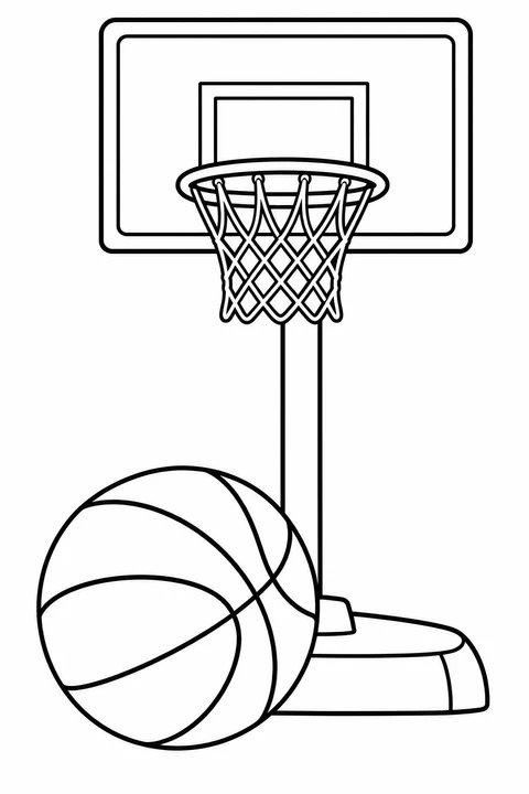 A large basketball sits below a hoop and rectangular backboard.