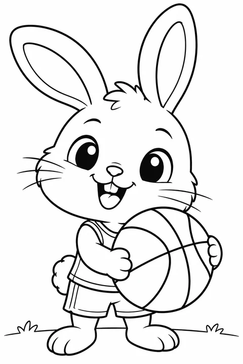 A cheerful little rabbit in a sports shirt holds a big basketball.