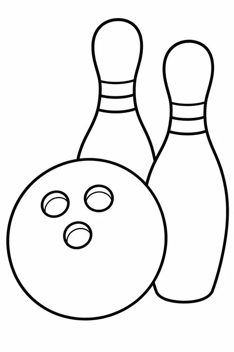 A bowling ball stands beside two bowling pins.