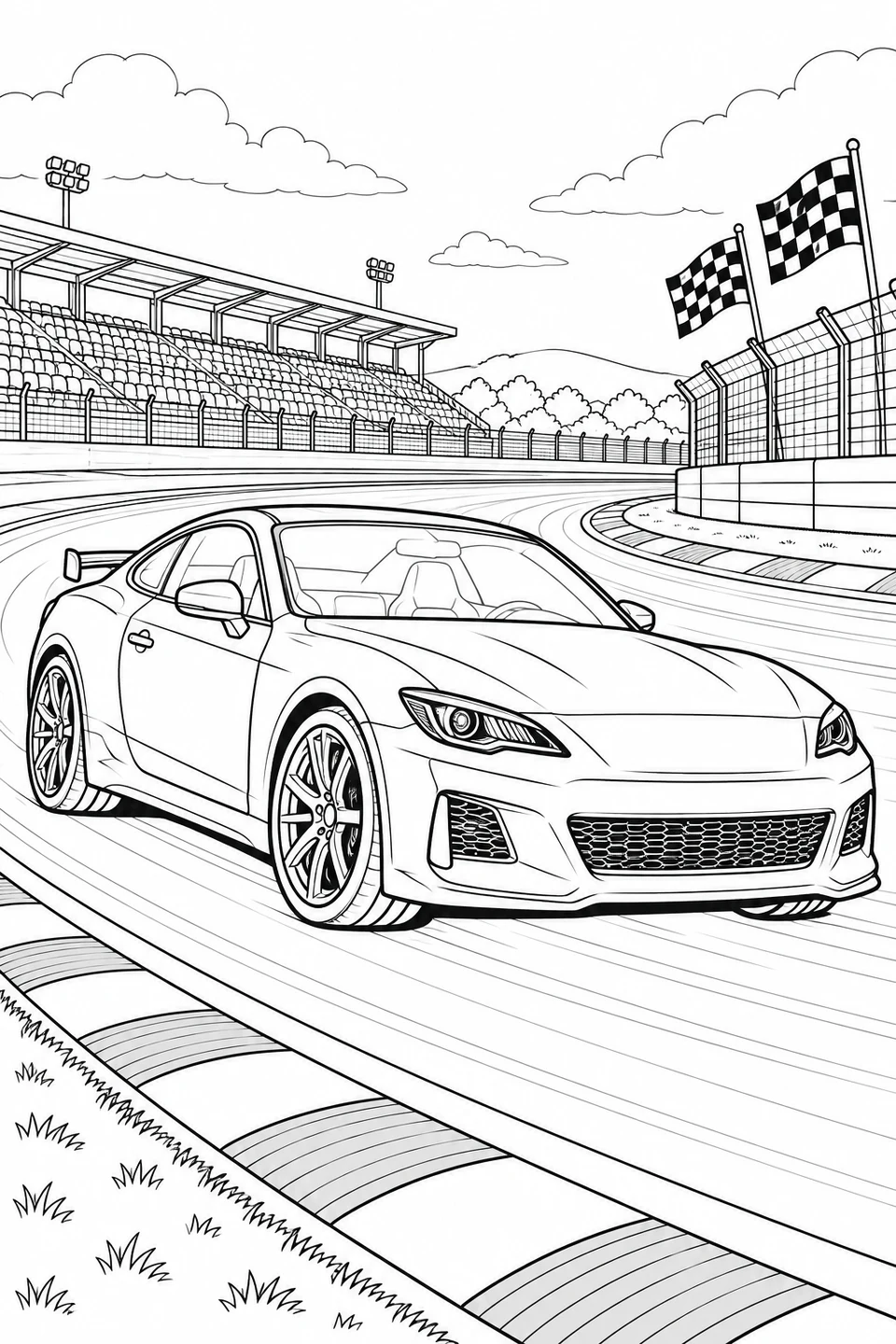 Ein Sportcoupé steht in einer Rennstreckenkurve, mit Zielflaggen, Schutzzäunen und Tribünen im Hintergrund.