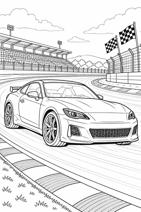 Ein Sportcoupé steht in einer Rennstreckenkurve, mit Zielflaggen, Schutzzäunen und Tribünen im Hintergrund.