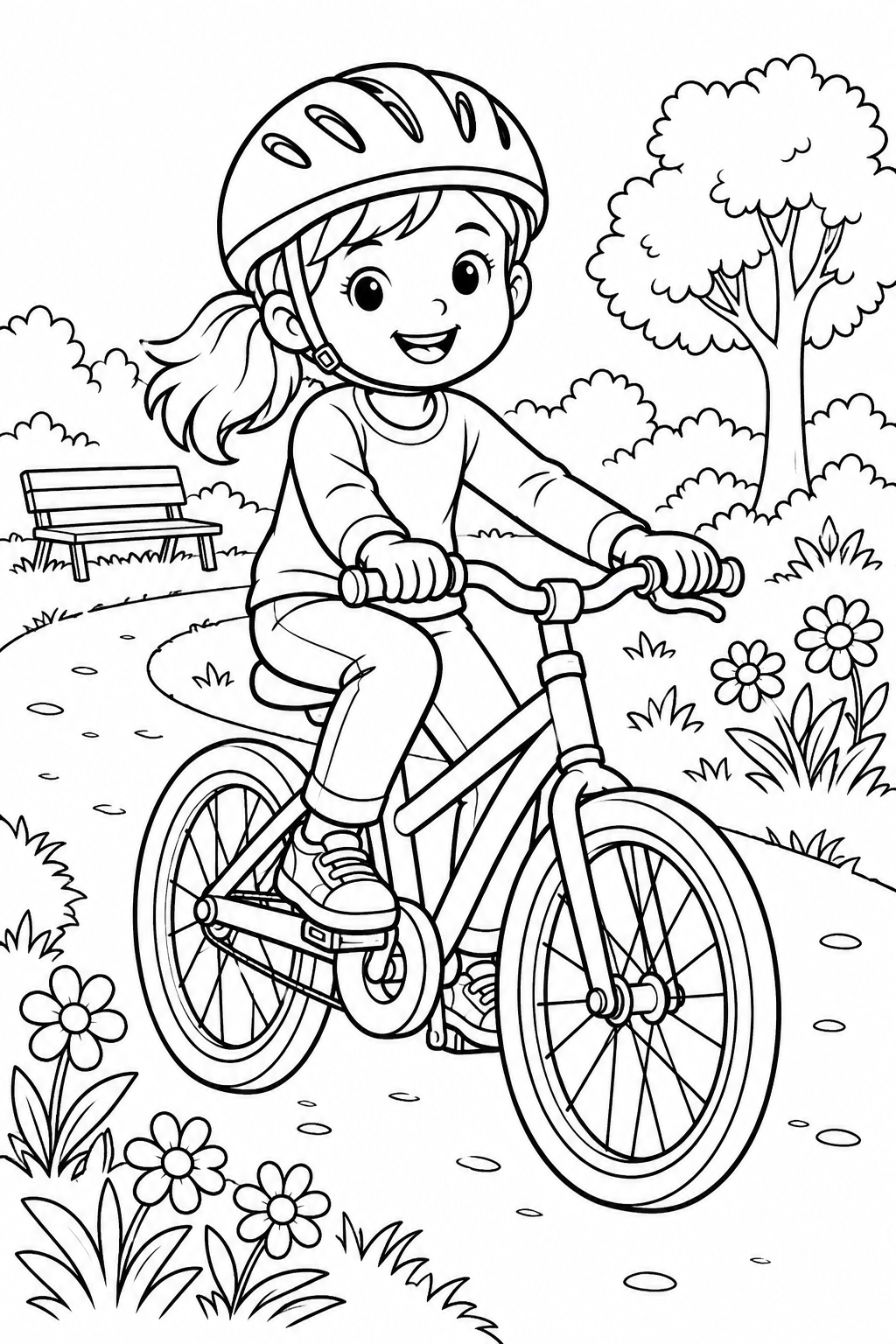Un niño con casco recorre en bicicleta un sendero del parque con flores.