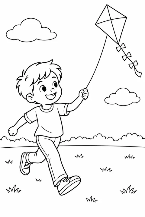 A happy child runs across a park with a diamond-shaped kite.
