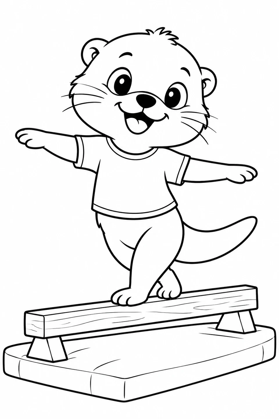 A little otter stretches its arms on a low balance beam above a mat.