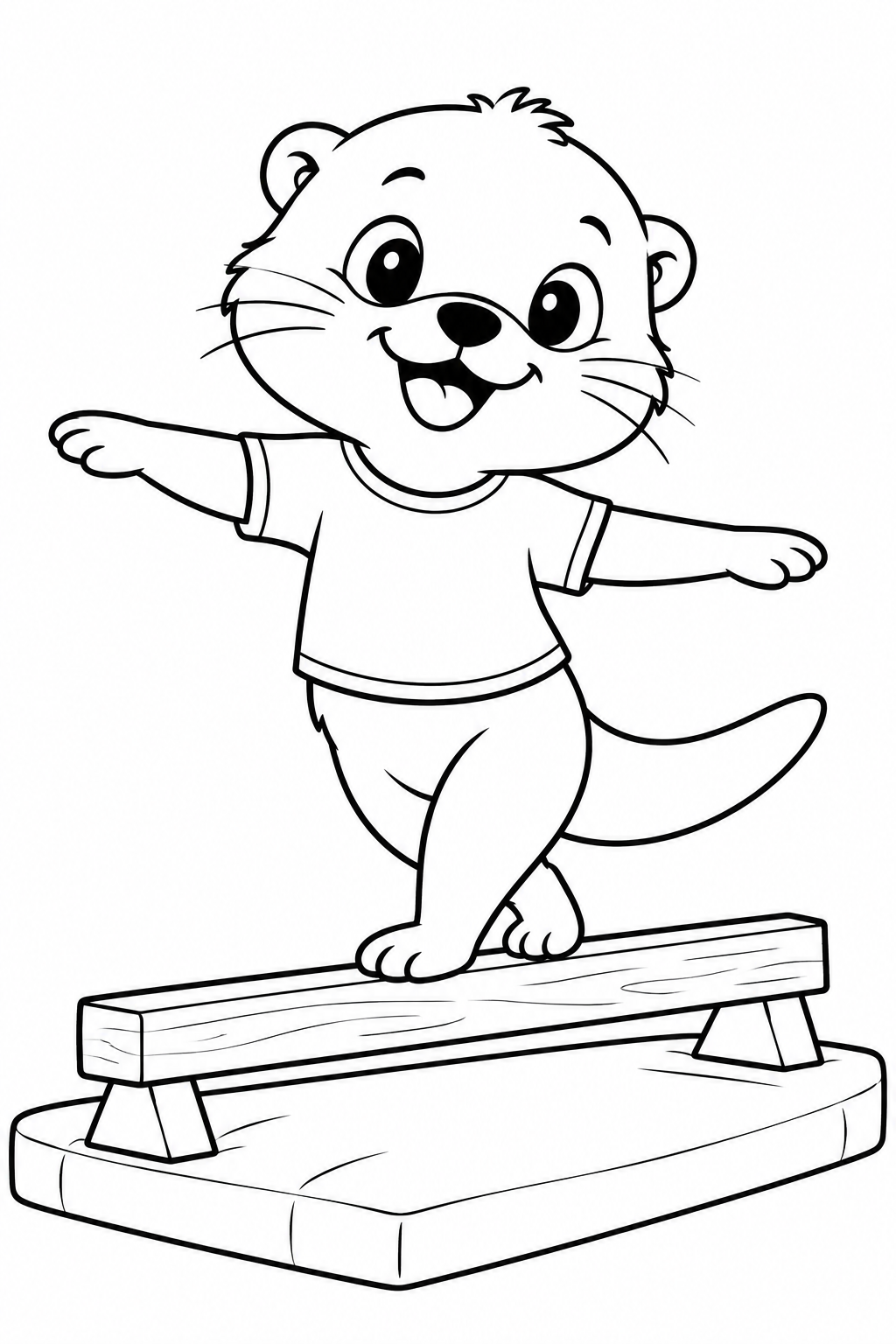A little otter stretches its arms on a low balance beam above a mat.