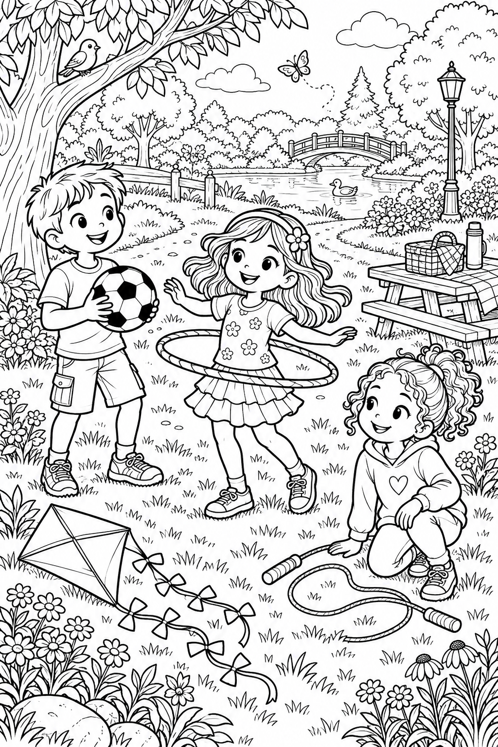 I bambini si divertono con palla, cerchio e corda tra alberi e fiori.