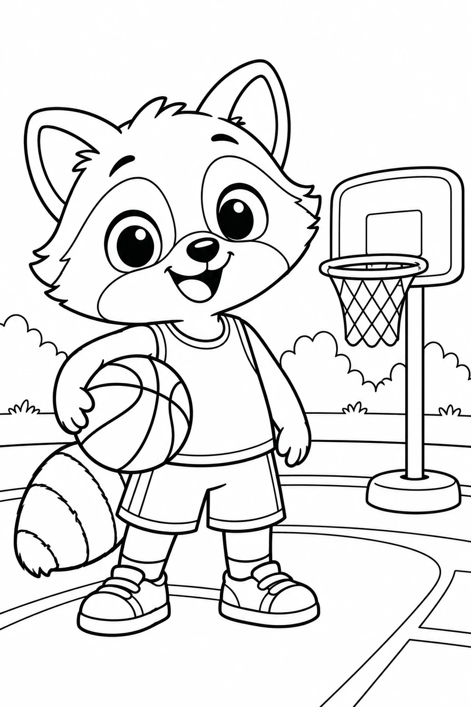 A friendly raccoon holds a basketball beside a low hoop.