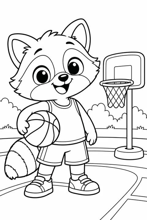 A friendly raccoon holds a basketball beside a low hoop.