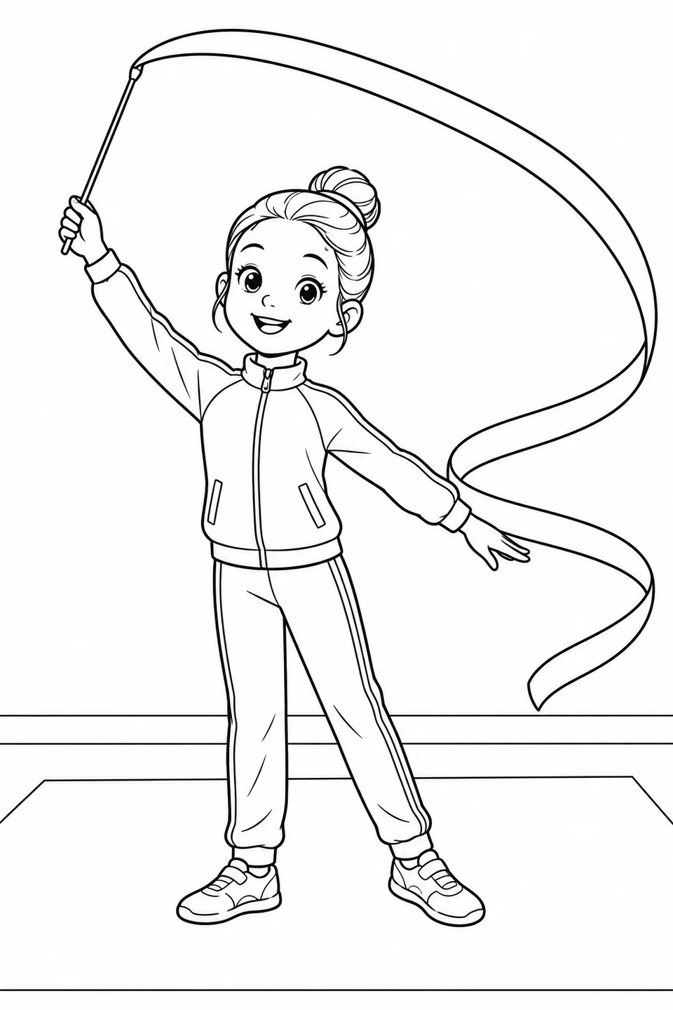 A smiling child in a tracksuit makes a broad loop with a gymnastics ribbon.