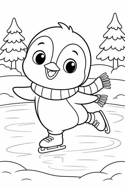 A penguin in a scarf skates across a small frozen pond near pine trees.