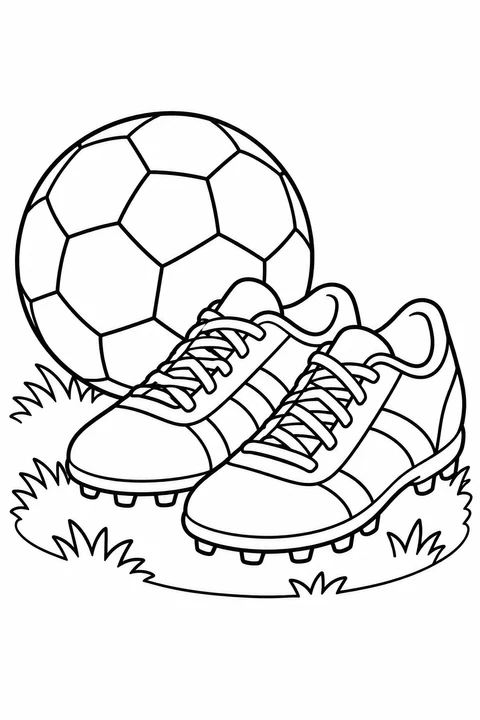 A soccer ball rests beside a pair of sports shoes on grass.