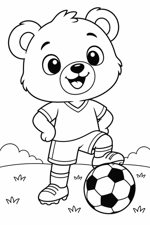 A happy little bear in a plain sports shirt stands beside a soccer ball.