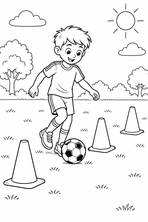 A cheerful child dribbles a soccer ball between training cones on grass.