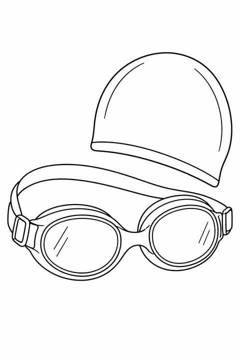 A pair of swimming goggles rests beside a plain swim cap.
