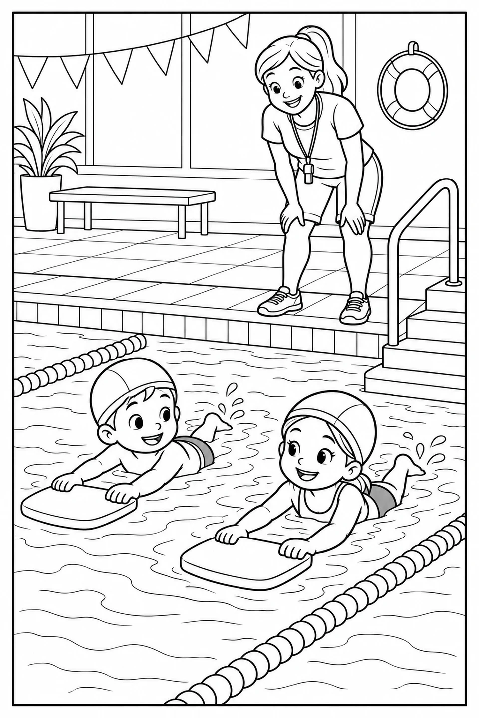 Children practice with kickboards while an instructor watches from beside the pool.