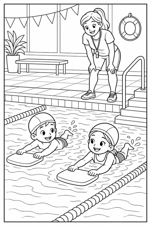 Children practice with kickboards while an instructor watches from beside the pool.