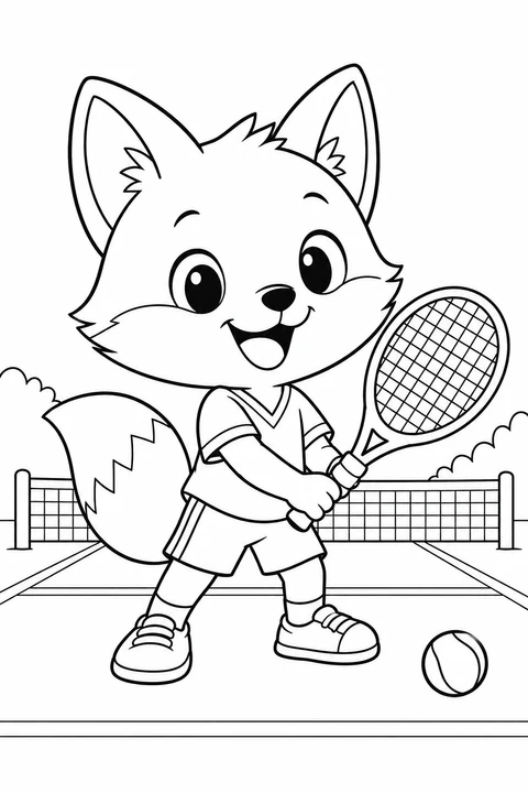 A cheerful little fox holds a tennis racket beside a ball and a low net.