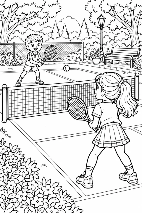 Two children play tennis across a net on a tree-lined court.
