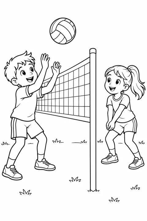 Two children practice volleyball with a ball above the net.