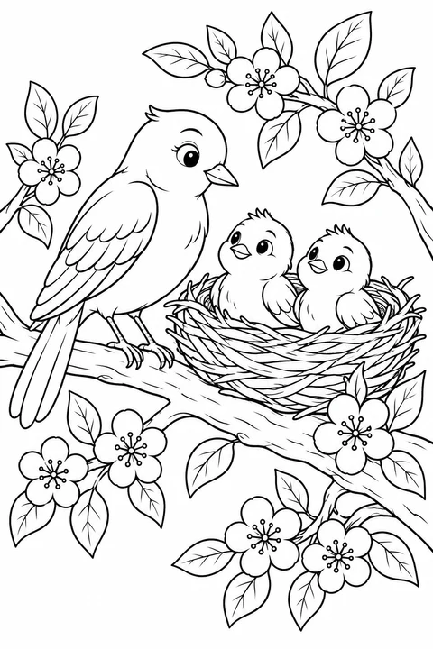 A parent bird perches beside little birds in a nest on a flowering branch.
