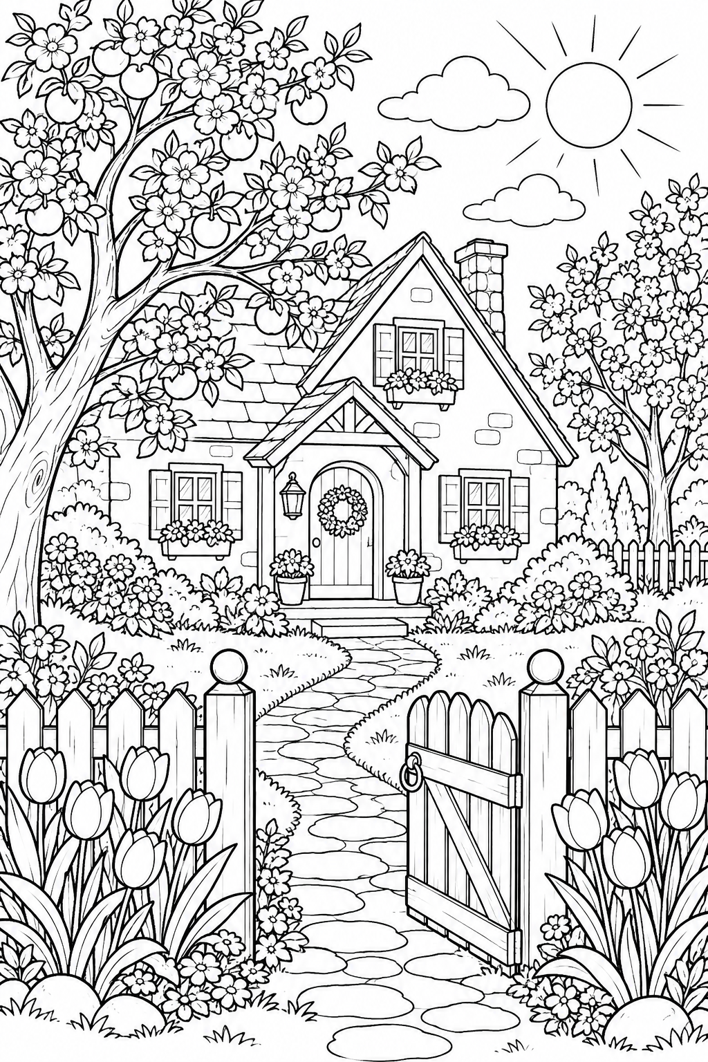 A cottage stands among flowering trees, tulips, a winding path and a wooden gate.