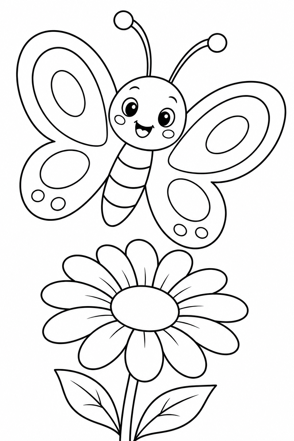 A cheerful butterfly spreads its patterned wings above a daisy.