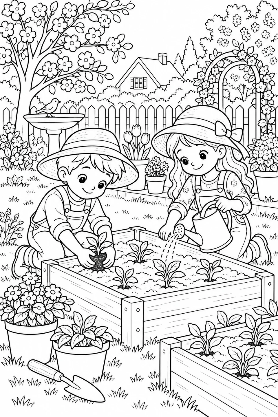 Children plant seedlings in raised beds with pots and a watering can nearby.