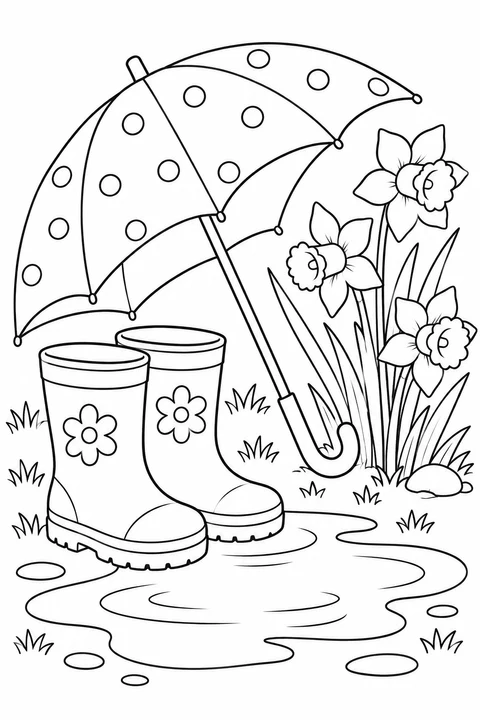Rain boots, an open umbrella and a puddle sit beside blooming daffodils.