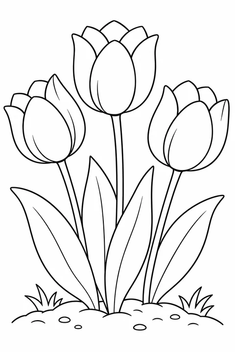 Large tulips and broad leaves grow from a little patch of ground.