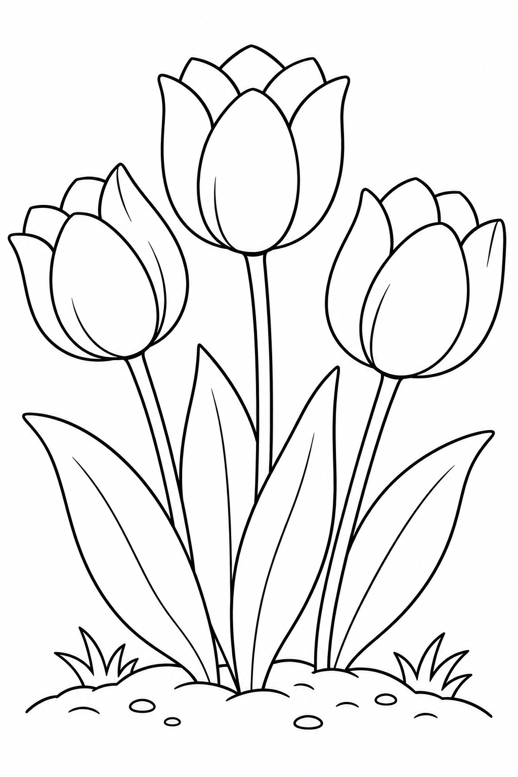 Large tulips and broad leaves grow from a little patch of ground.