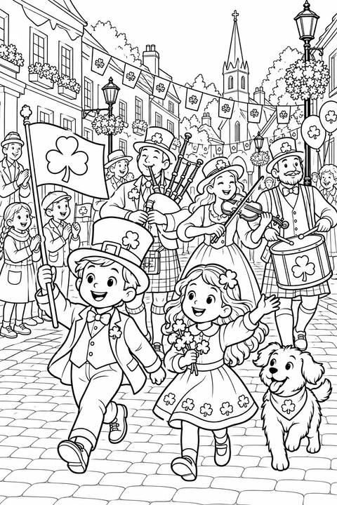 St Patrick’s Day Town Parade, printable black-and-white coloring illustration.