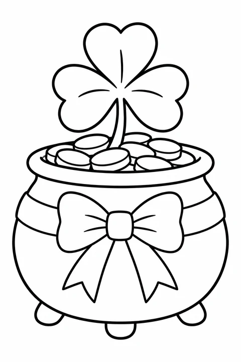 Shamrock and Ribbon Pot, printable black-and-white coloring illustration.