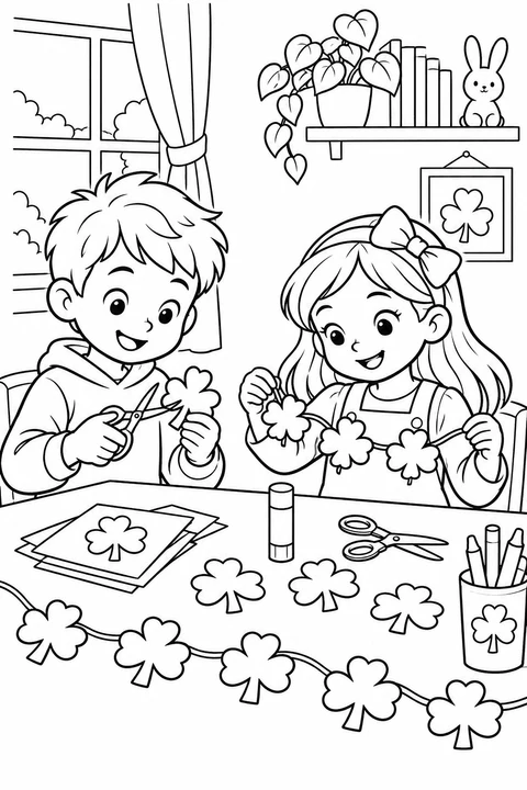 Making Shamrock Garlands, printable black-and-white coloring illustration.