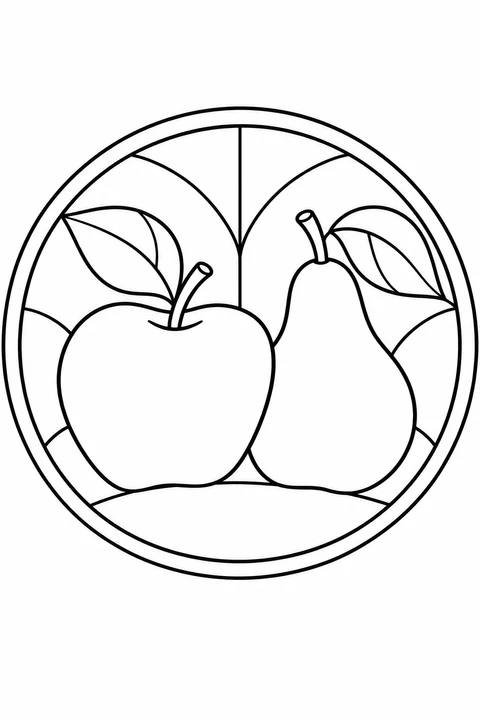An apple and a pear with broad leaves fill a circular stained-glass design with curved background sections.