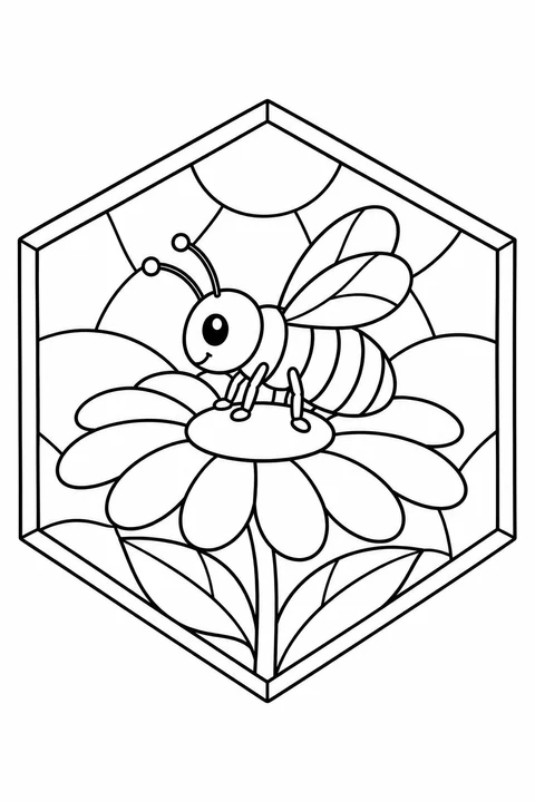 A bee rests on a large flower inside a hexagonal stained-glass design with leaves and sun rays.