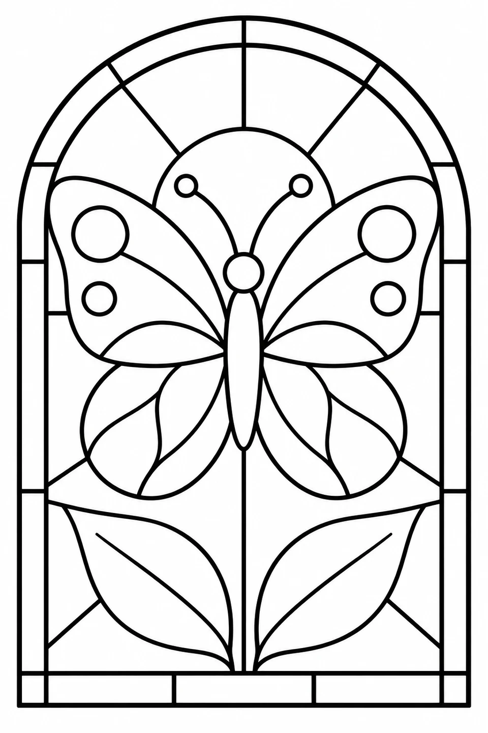 A butterfly spreads its patterned wings above two leaves inside an arched stained-glass design.