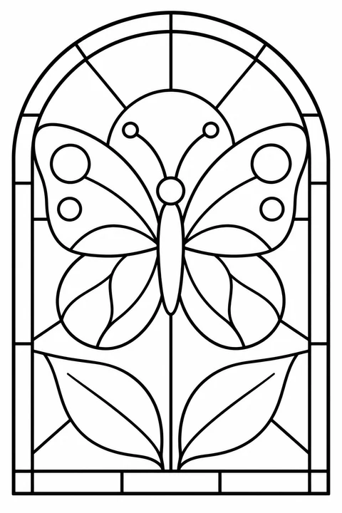 A butterfly spreads its patterned wings above two leaves inside an arched stained-glass design.