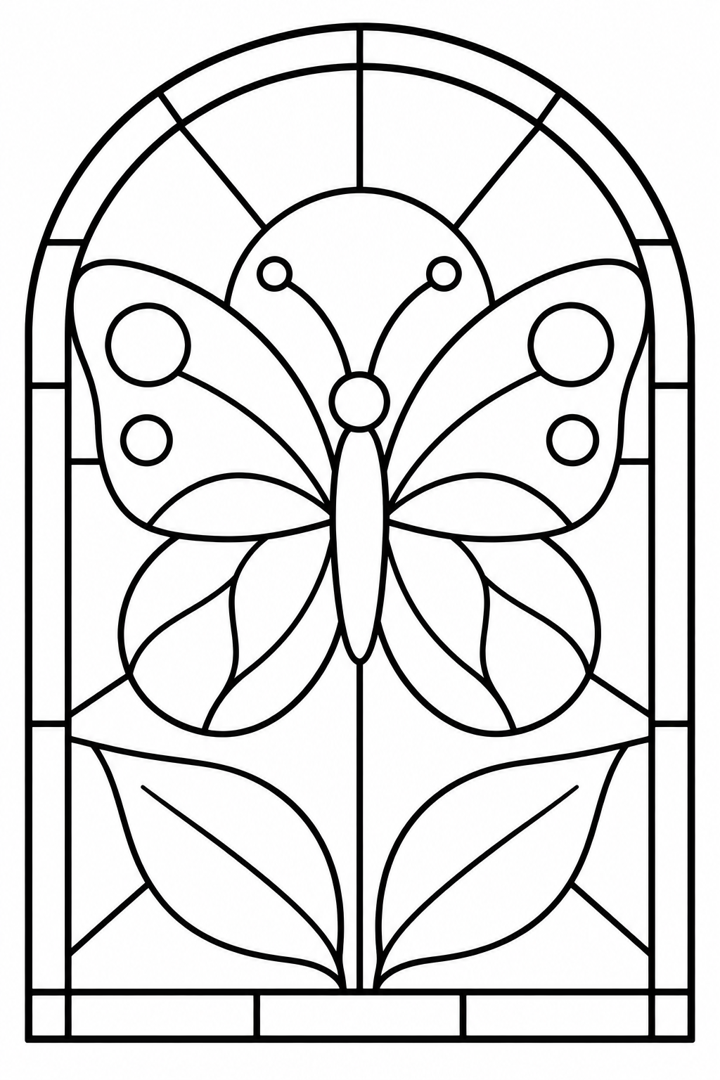 A butterfly spreads its patterned wings above two leaves inside an arched stained-glass design.