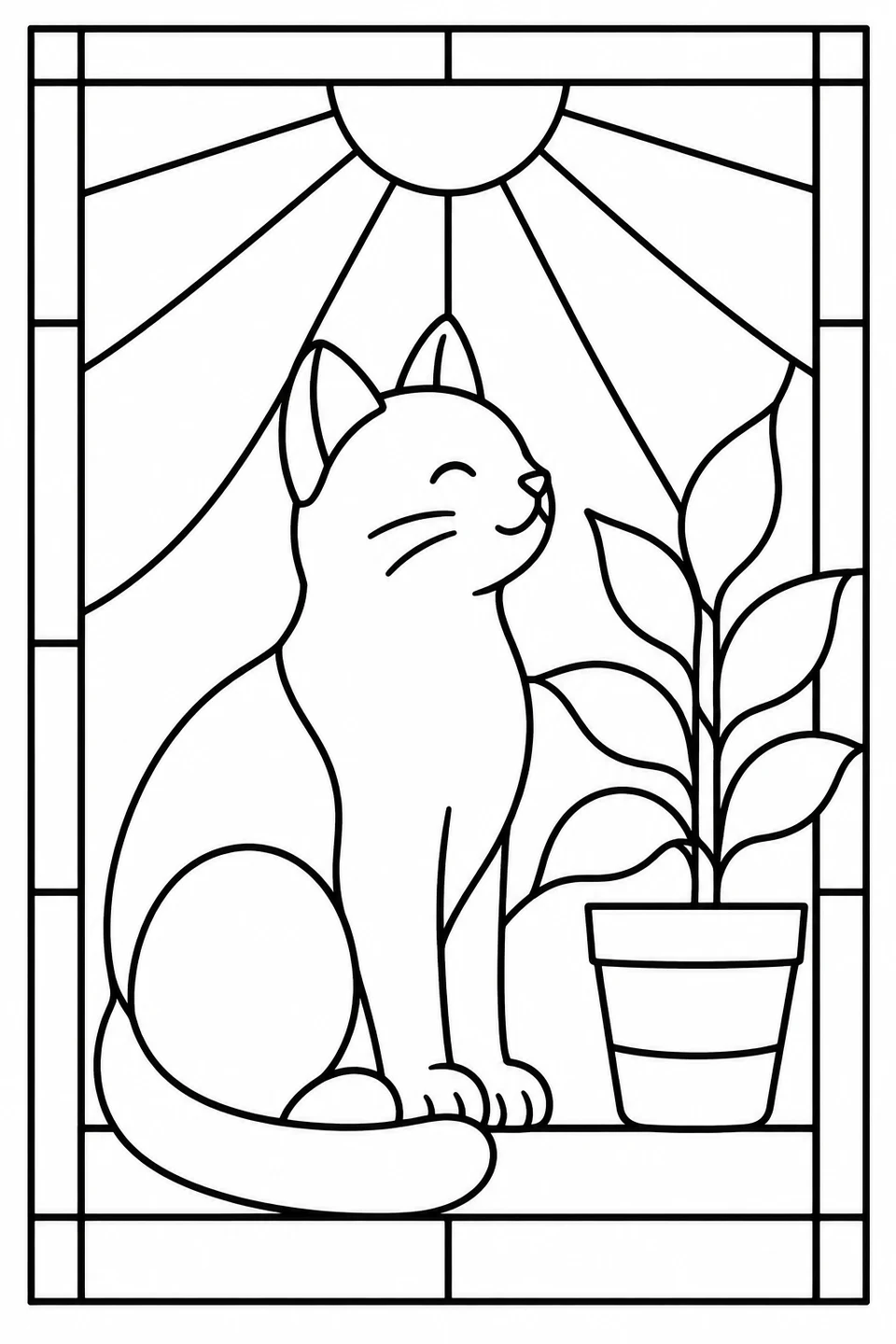 A cat sits beside a leafy potted plant under broad sun rays in a rectangular stained-glass design.