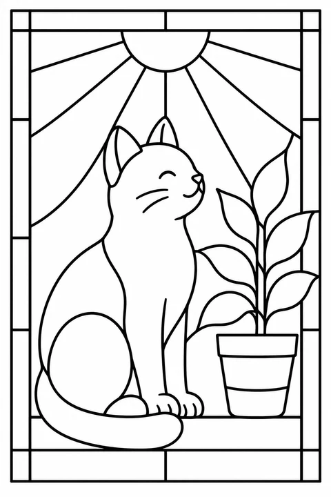 A cat sits beside a leafy potted plant under broad sun rays in a rectangular stained-glass design.