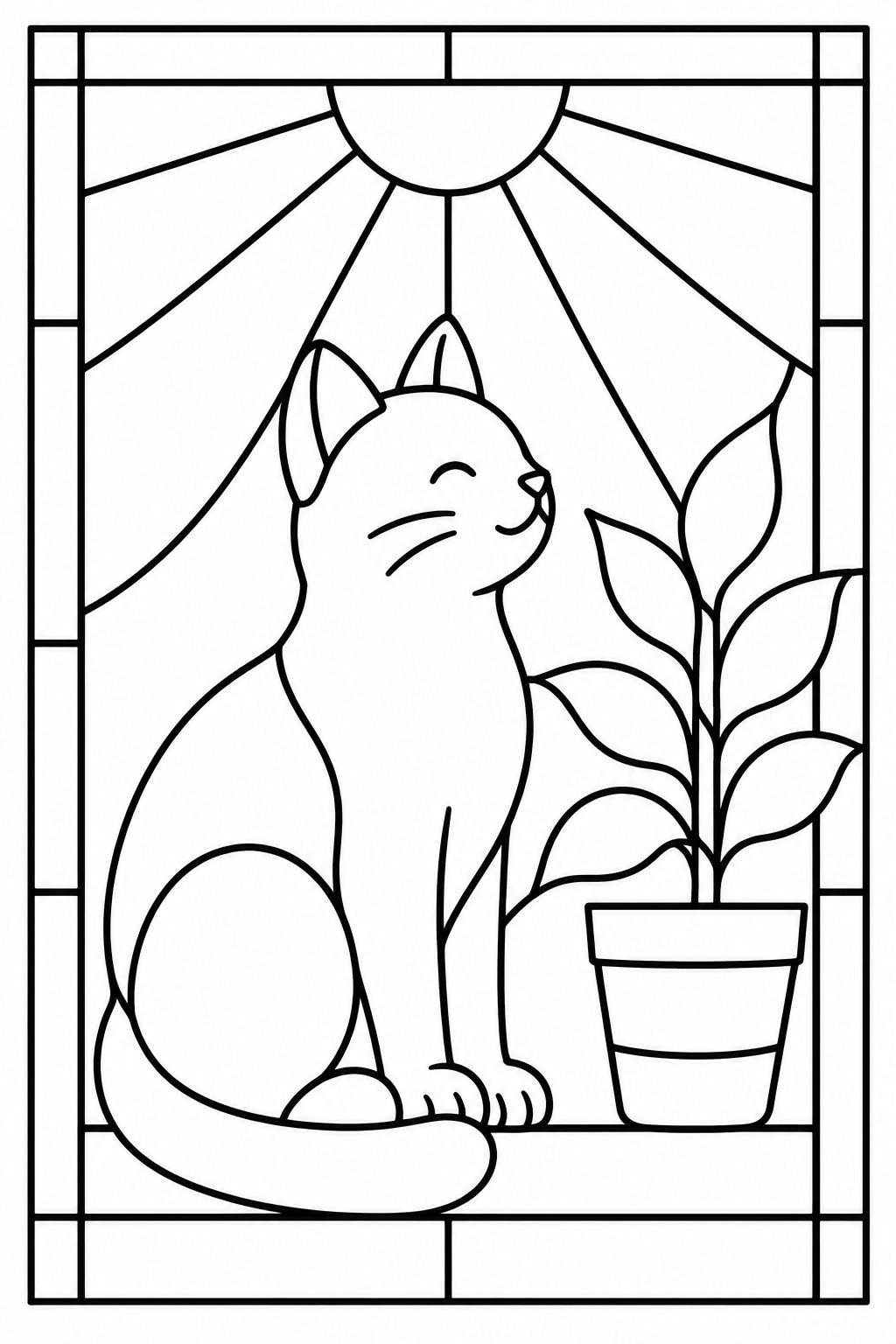 A cat sits beside a leafy potted plant under broad sun rays in a rectangular stained-glass design.