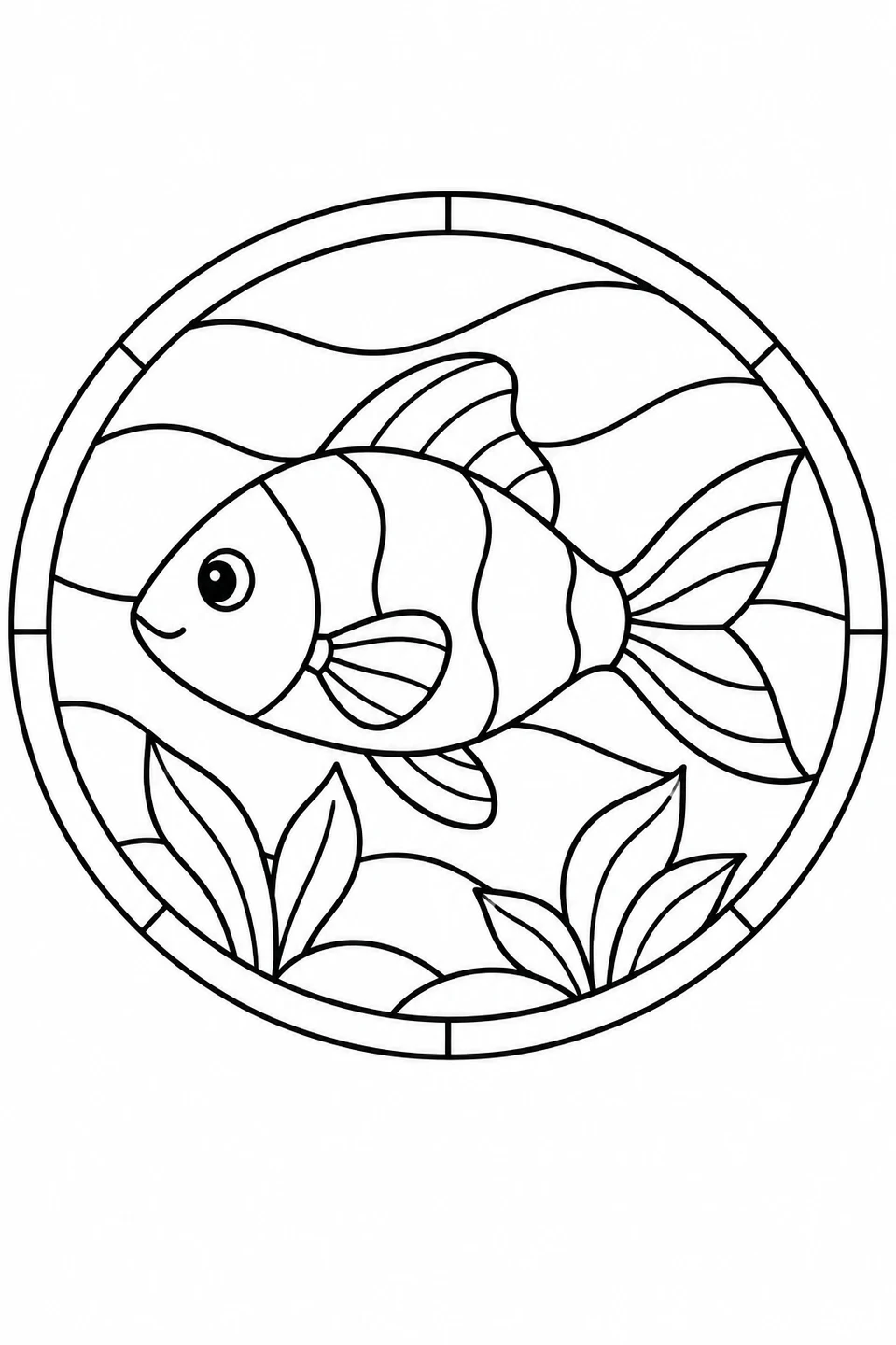 A striped fish swims between water plants in a circular stained-glass design with flowing water bands.