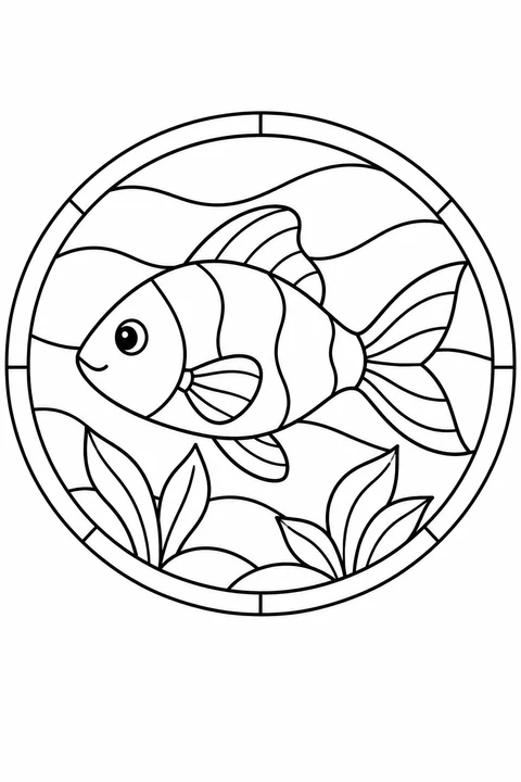 A striped fish swims between water plants in a circular stained-glass design with flowing water bands.
