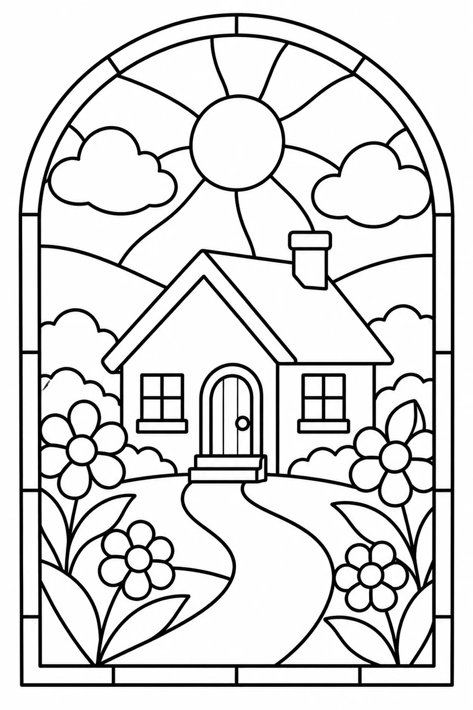 A cottage with a curved path sits among large flowers beneath the sun and clouds in an arched stained-glass design.
