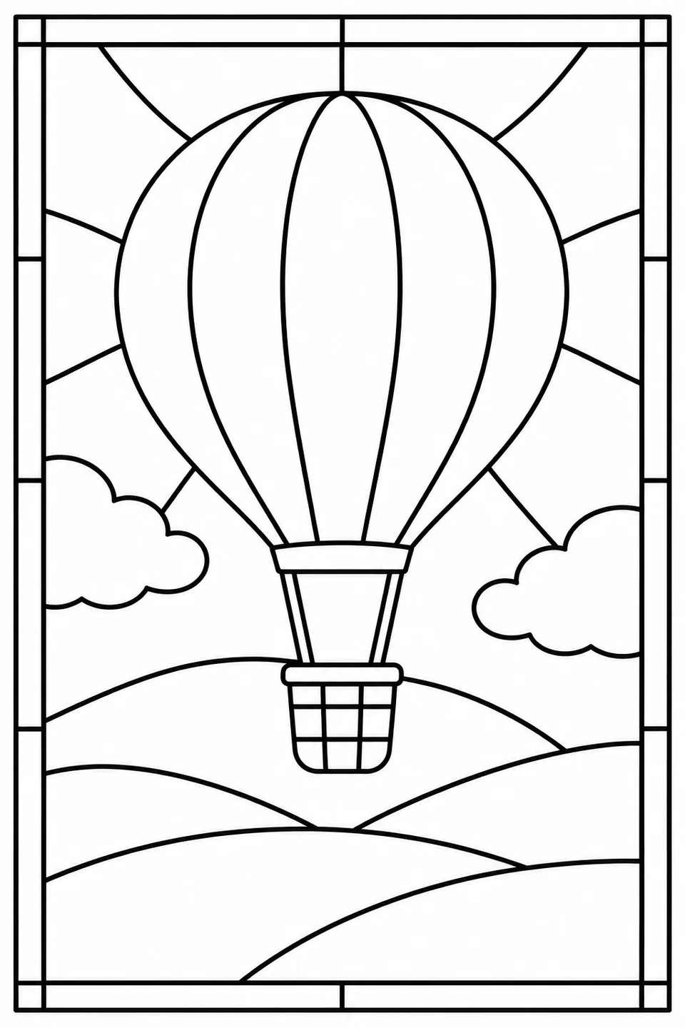A hot air balloon with a hanging basket floats above hills between clouds in a rectangular stained-glass design.