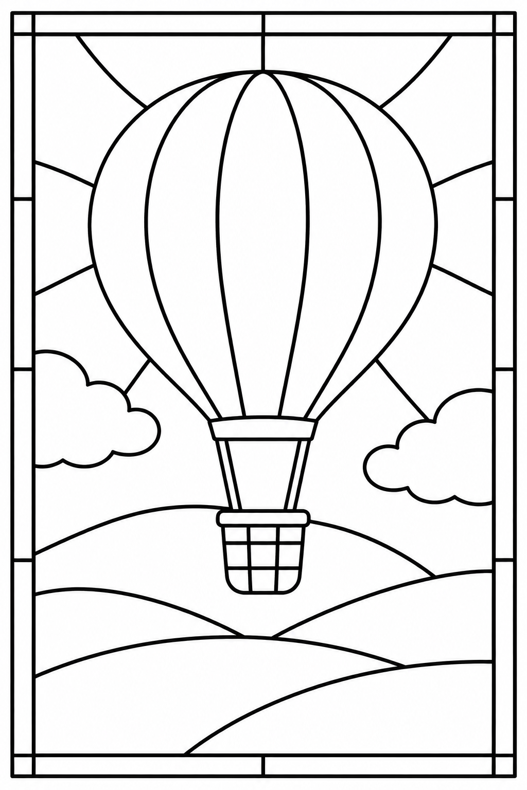 A hot air balloon with a hanging basket floats above hills between clouds in a rectangular stained-glass design.