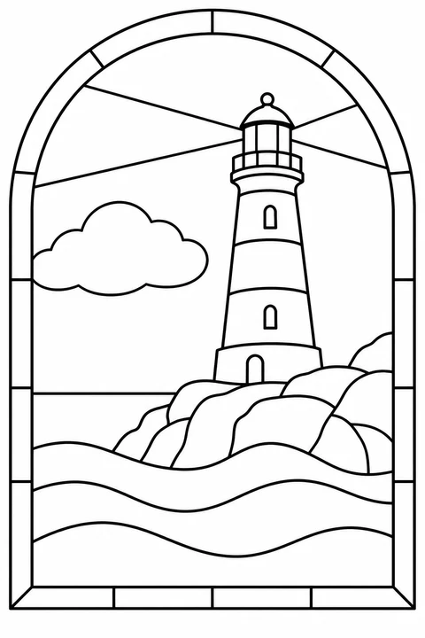 A lighthouse sends out two beams above rocks and waves inside an arched stained-glass design.