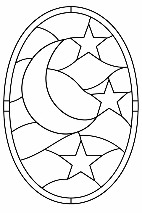 A large crescent moon and three stars form an oval stained-glass design with flowing sky sections.