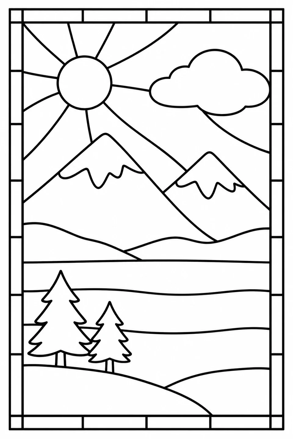 Two snowy peaks, a lake and two conifer-shaped trees beneath a sun and cloud in a stained-glass-style frame.